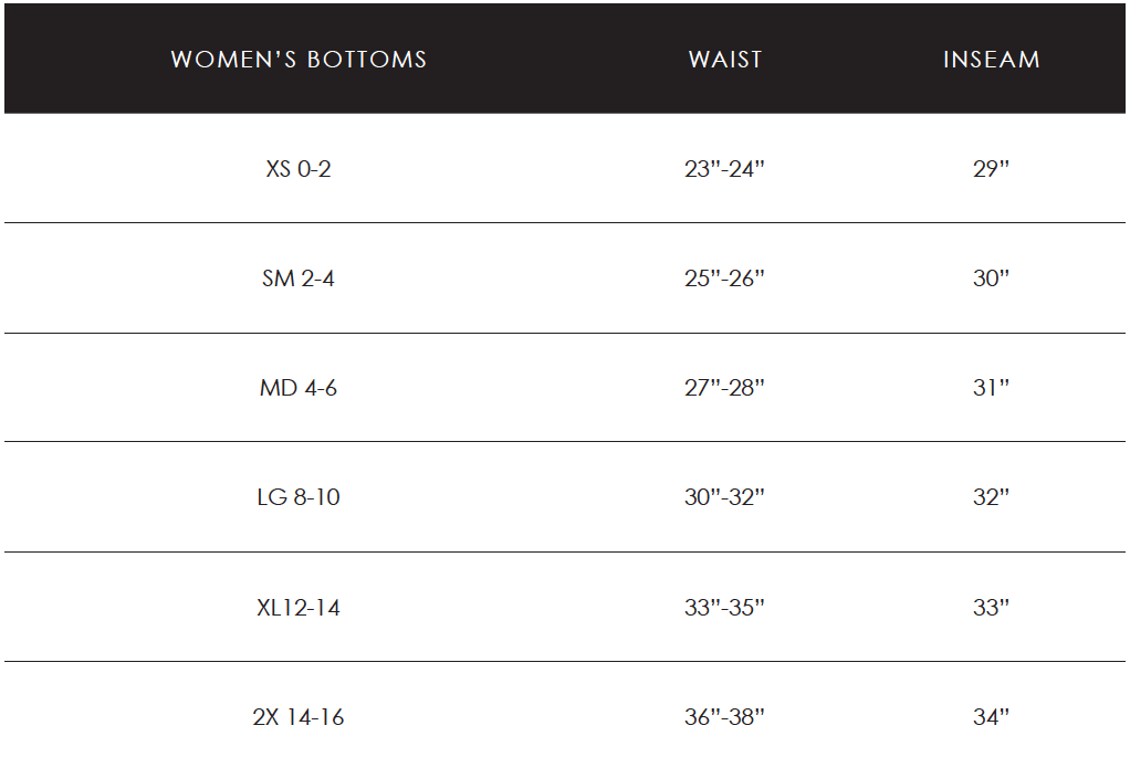 Womens Bottoms Size Chart