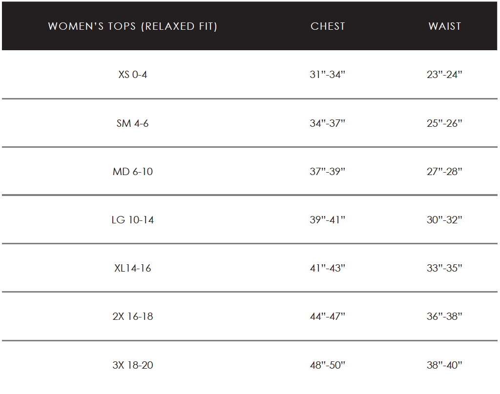 Womens Tops Size Chart